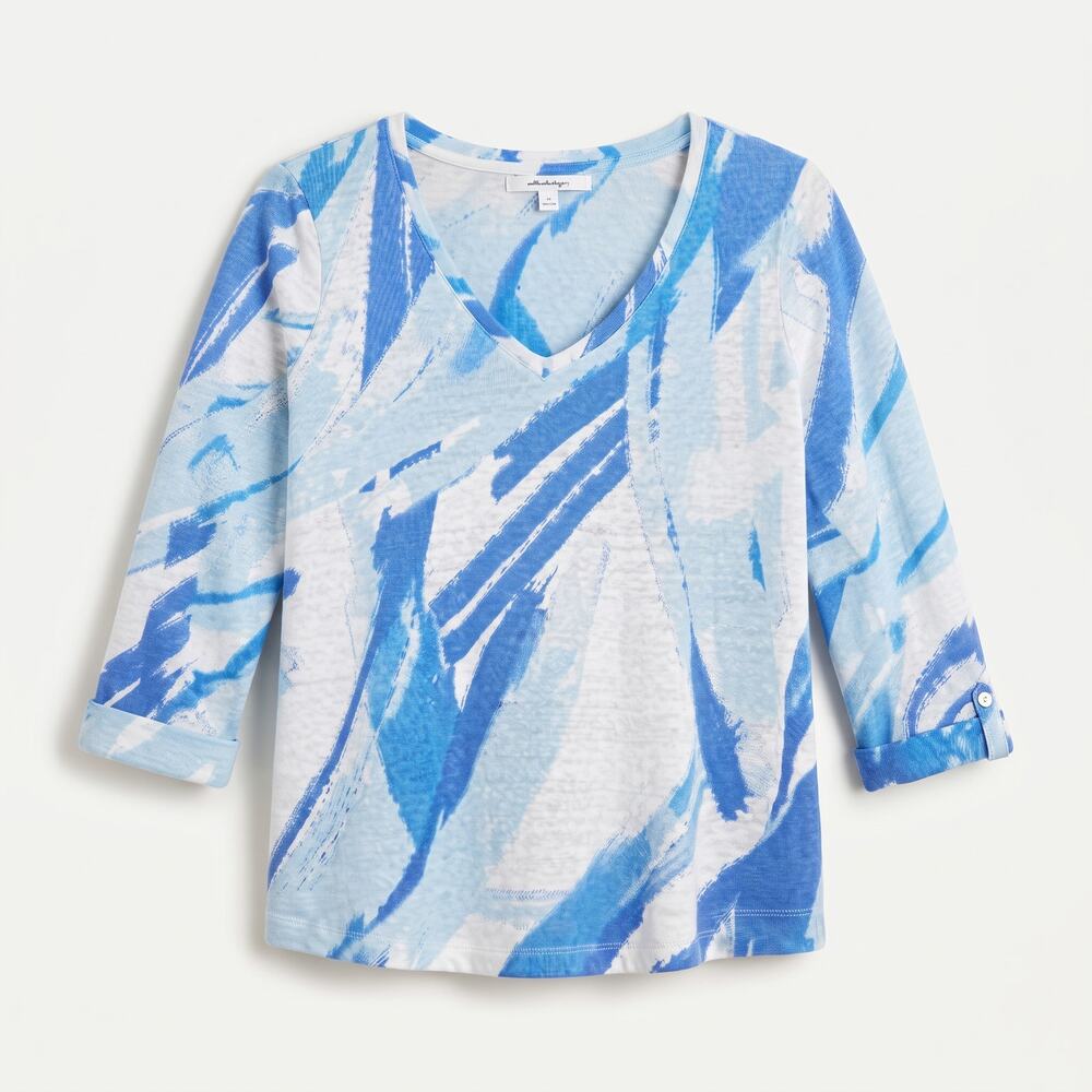 Chico's Women's M Artsy Coastal Resortwear Linen V-Neck Button Tab Sleeve Top